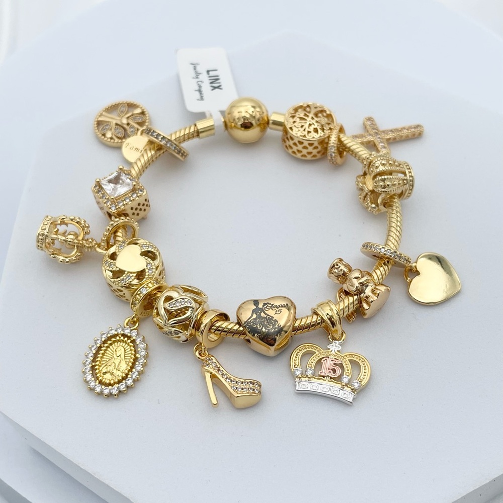 Linx Yellow Gold Snake Chain Bracelet with Quinceanera 15th Birthday Charm